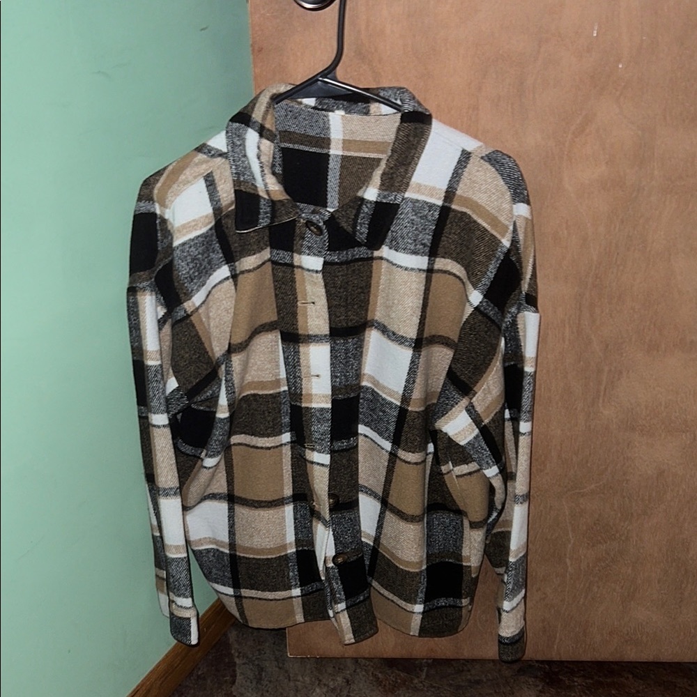 SHEIN Plaid Cardigan - Black, White, Tan